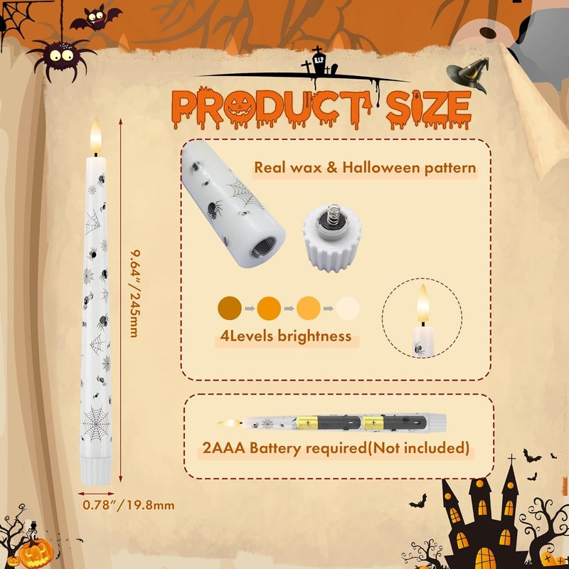 AFINETH Halloween Candles with Spider Web, Spider, 9.6”Real Wax Flameless Taper Candles with Remote & Timer, 3 Pack Battery Operated Halloween Led Candlesticks for Party Home Decor - Image 2